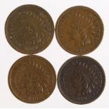 USA Indian Head Cents (4) scarce dates: 1864L VF, 1867 nVF, 1873 open 3 GF, and 1908S Fine.