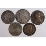 European Crown-Size Silver Coins (5): Austria Thaler 1756 GF/VF, 1761 water damaged F/GF, 5 Corona