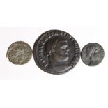 Roman Imperial (3): Constantius I Caesar AE follis Antioch, Genius rev. VF, Helena(?) AE4 Fair/Fine,