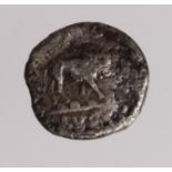 Roman Triumviral, Fulvia (wife of Mark Antony) silver quinarius, Lugdunum 43 BC, 1.62g, 13mm. Obv: