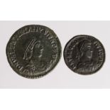 Roman Imperial (2): Valentinian II AE follis, Siscia mint, hand on 'turreted woman' type GVF,