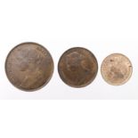 Penny 1886 EF, trace lustre, Halfpenny 1890 EF, and Farthing 1888 almost BU (tone spots)