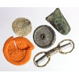 Detector-Finds: Four selected better items: A Bronze Age axe head 43mm; a Tudor(?) lead weight 38mm,