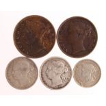 Straits Settlements (5): Half Cent 1862 F, 1884 pitted VF, 5 Cents 1878 aVF, 10 Cents 1876H GF,