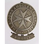 St. John Ambulance Brigade large two part white metal badge, Bootle; 2 lugs and split pin to reverse