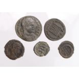 Roman Imperial (5) bronze: Constans AE4 'VOT' VF, Constantius II as Caesar AE3 campgate VF, ditto as