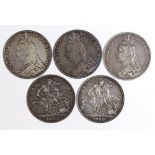 GB Crowns (5): 1889 GVF, 1890 nVF, 1892 GF/nVF, 1893 LVI VF, and 1900 LXIV VF