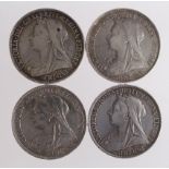 GB Crowns (4): 1896 LX F/GF, 1896 LX Fine, 1897 LXI lightly cleaned VF, and 1898 LXII Fine.