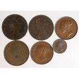 GB Copper & Bronze (6) Pennies and Halfpennies 1853-1885 F-GVF, and a Half Farthing 1851 VF