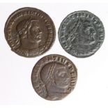 Roman Imperial (3) folles: Maximinus II Daia, Lugdunum, Genius rev. VF, Maxentius Ostia mint, Castor