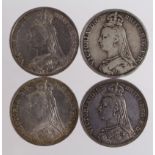 GB Crowns (4): 1887 GVF, 1889 nEF scratch, 1890 VF, and 1892 Fine.