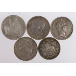 World Crown-Size Silver Coins (5): France 5 Francs 1831W VF; French Indo-China 1 Piastre 1924A VF,