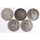 European Crown-Size Silver Coins (5): Netherlands 2&1/2 Gulden 1870 toned VF, 1872 VF; German