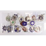 Enamelled Silver Fobs (15) sports and other, most hallmarked, early to mid-20thC.