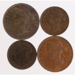 Straits Settlements (4) copper: Half Cent: 1872H Fine, 1884 aVF; One Cent: 1873 lightly cleaned