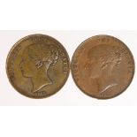 Pennies (2): 1855 PT, GVF-nEF, light edge knock, and 1855 OT cleaned nEF