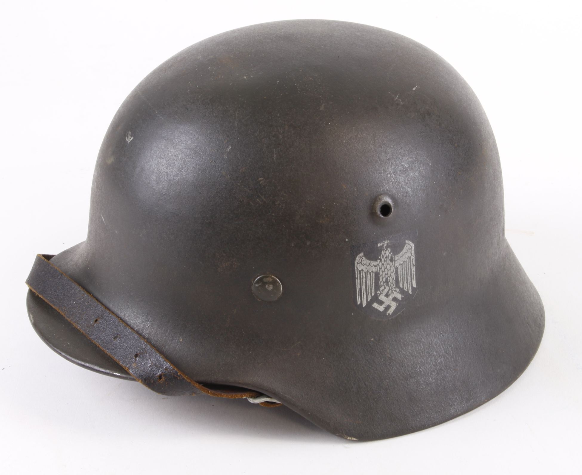German steel Helmet a Whermacht M35 double decal, small size,with liner & chinstrap, maker stamped.