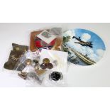 Shoebox of mixed military items inc buttons, broken ARP watch, ID Tags, metal shoulder titles,