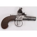 Flintlock boxlock pocket pistol by H Nock, London. Engraved side panels with stand of arms and "H.