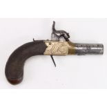 Brass framed, boxlock, percussion pocket pistol, circa 1840. Turn off barrel. Sprung, concealed