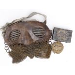 WW1 Tank Mask, with Cap Badge and trench art matchbox. (3)