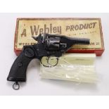 Revolver, a .38 Cal WW2 Webley MkIV converted for military (?) use as a blank firing gun. Barrel