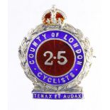Sweetheart - silver & enamel badge, 25th (County of London) Cyclist Battn; marked on back TLM