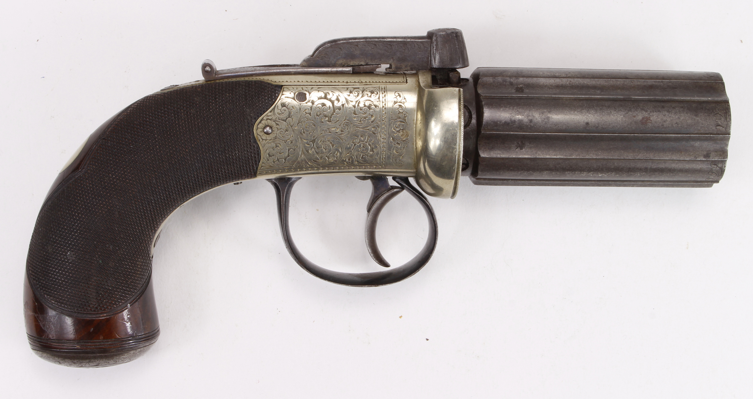 Fine English Pepperbox Revolver by Marrison of Norwich. Six shot revolving 3" barrel, approx .34