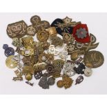 Cap badges, shoulder titles, cloth badges, etc. A real mixture in small tray (Qty)