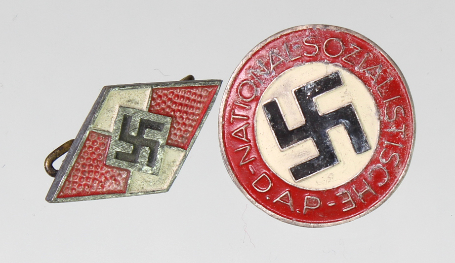 German WW2 National Socialist party badge with Hitler Youth lapel badge.