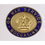 Badge - WW1 period, brass & enamel, On War Service - Moccasins (possibly Canadian related) made by