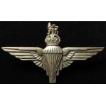 Cap Badge - Parachute Regt officers cap badge, silver hallmarked for 1942, maker marked 'JRG&S'.