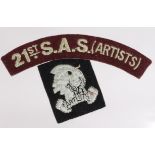 Cloth Badges: 21st S.A.S. (Artists) Shoulder title badge and S.A.S. (Artists) Mars & Minerva arm