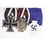 German medal group mounted as worn - Iron Cross 2nd Class, Honour Cross with Swords, 25 Years