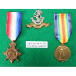 1915 Star and Victory Medal to 12972 Pte / Sgt E Guy W.Riding Regt, with cap badge.