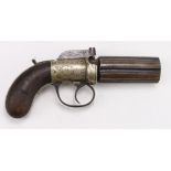 Revolver, an unmarked good quality Pepperbox percussion revolver, .32 cal, six shot. 'German' silver