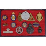 WW1 collection of home front lapel/pin badges in display case, with fold out section housing various