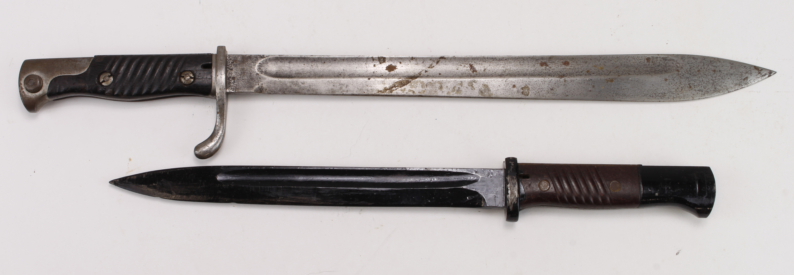 German bayonets without scabbards, 1) WW1 Butcher Bayonet 1916 by Simson & Co Suhl Co. 2) WW2 Nazi