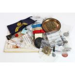 Box of various Cap Badges, lapel badges, buttons, cloth, etc, all Military related. (Qty)