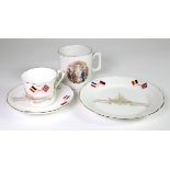 WW1 Patriotic china, comprising a very unusual Trio, 2 cups and saucers, a cup and a Peace mug . (