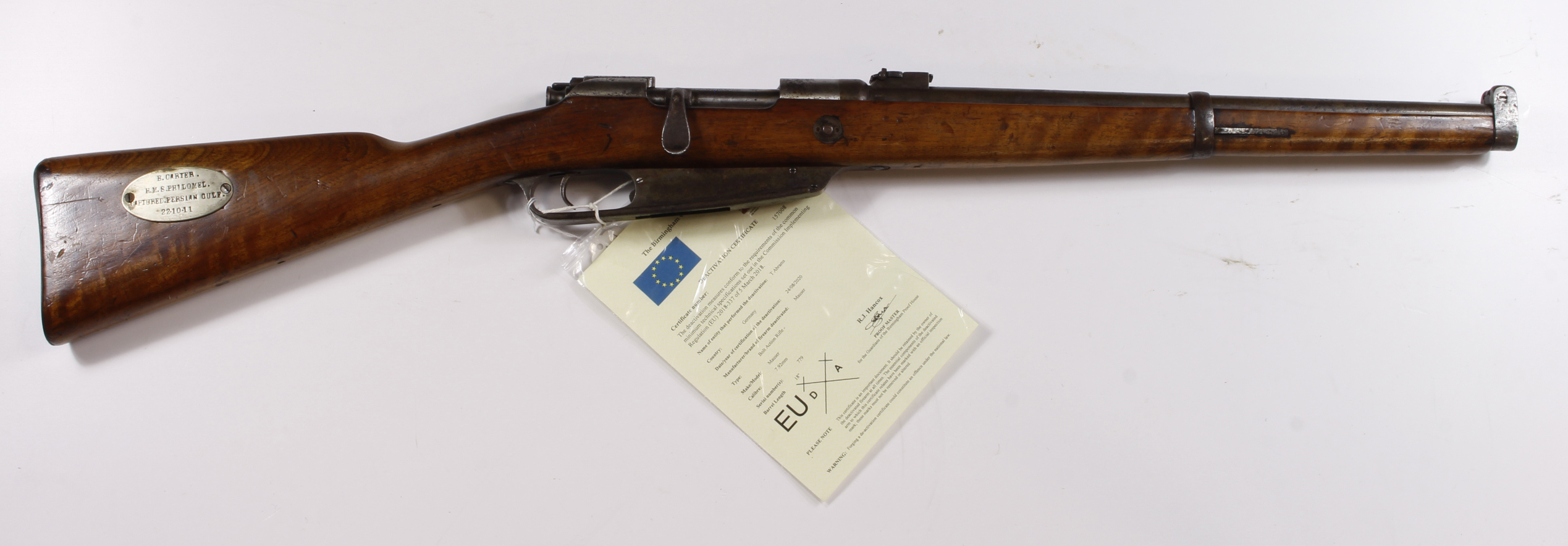 Carbine: a rare and interesting Imperial German M1888 Mauser Carbine, 7.92mm Cal. Barrel 18". Breech