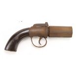 Revolver, an unmarked six shot percussion Pepperbox revolver, .32 cal, barrels 3". Rusted overall