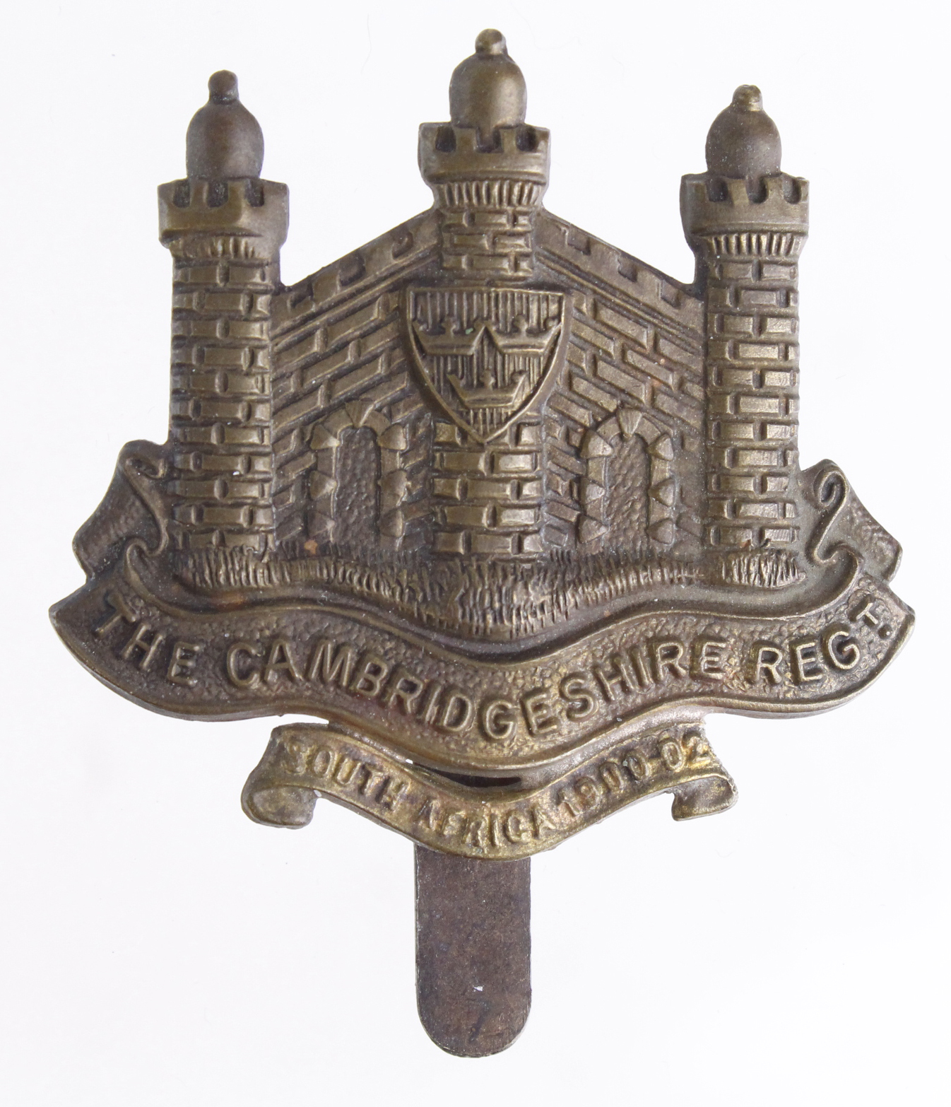 Cap badge, The Cambridgeshire Regt, South Africa 1900-02 scroll. Slider maker marked J R Gaunt