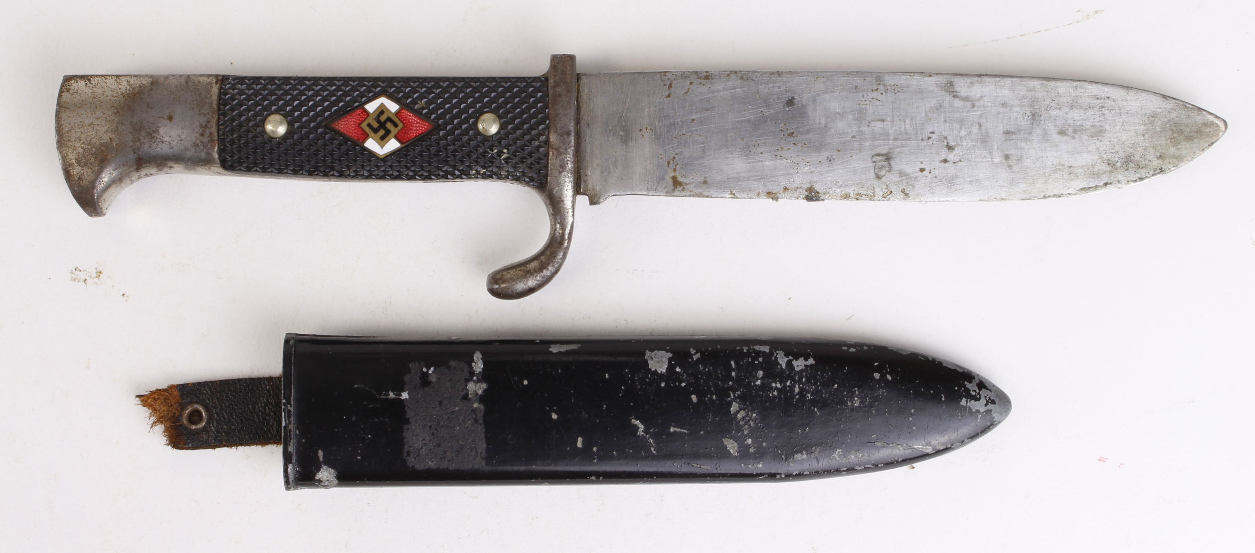German Nazi Hitler Youth dagger with scabbard. Leather strap missing. Blade maker marked 'Puma