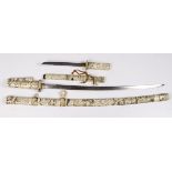 Swords - decorated bone mounted Katana and Tants. Katana, double handed. Blade 28.5". Decorated bone