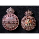 Lapel badges, Kent Veteran Reserve (maker marked), and Surrey Veteran Reserve (with registration