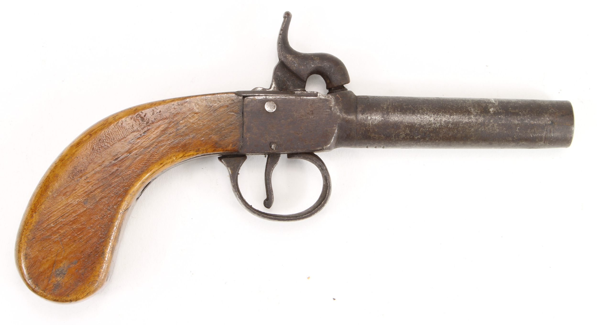 19th Century single shot percussion pocket pistol, barrel 3", English proofs, boxlock action works