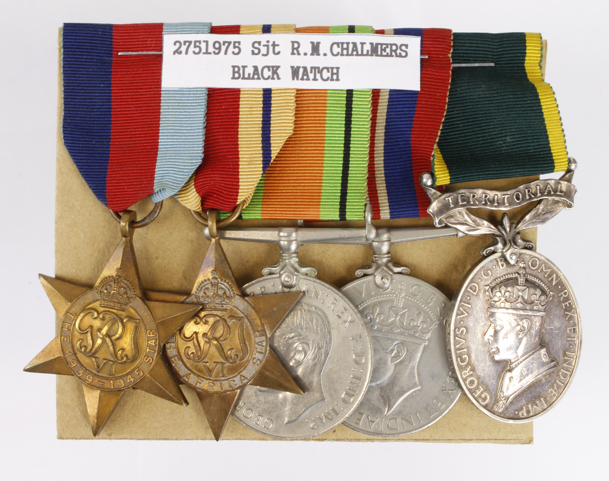 Group to 2751975 Sjt R M Chalmers, Black Watch. 1939-45 Star, Africa Star, Defence & War Medals,