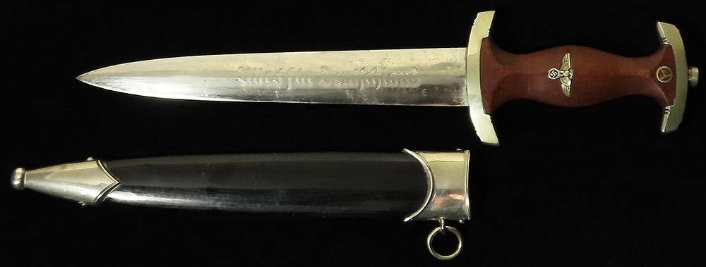 German Nazi NSKK Carl Heidelberg Solingen monogram dagger with scabbard, 'wf' stamp to crossguard