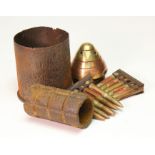 Ordnance box of mixed including brass WW1 fuse grenade, German Mountain gun shell case, bullets etc.